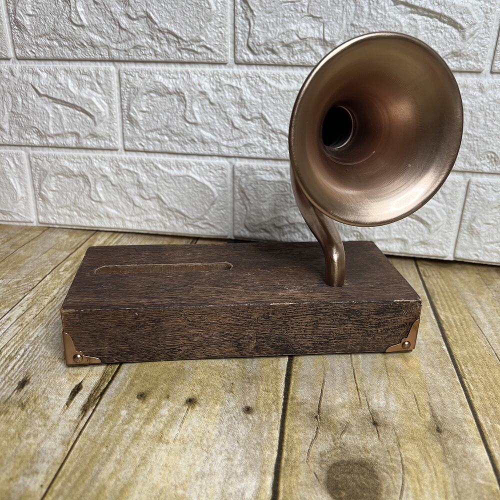 Wooden Smartphone Dock with Vintage Sound Amplifier, Brass Corners